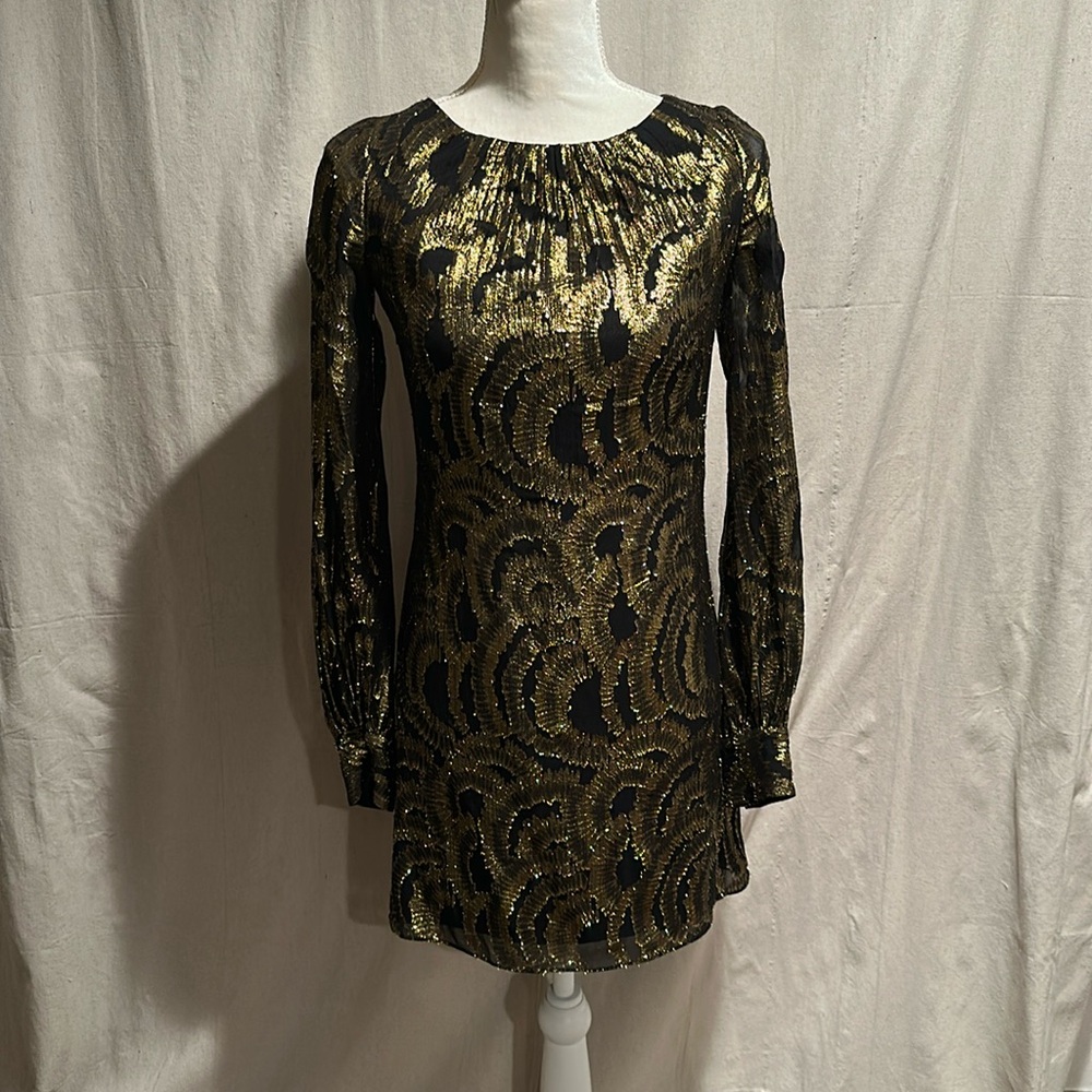 Milly Gold and Black Open-back Minidress